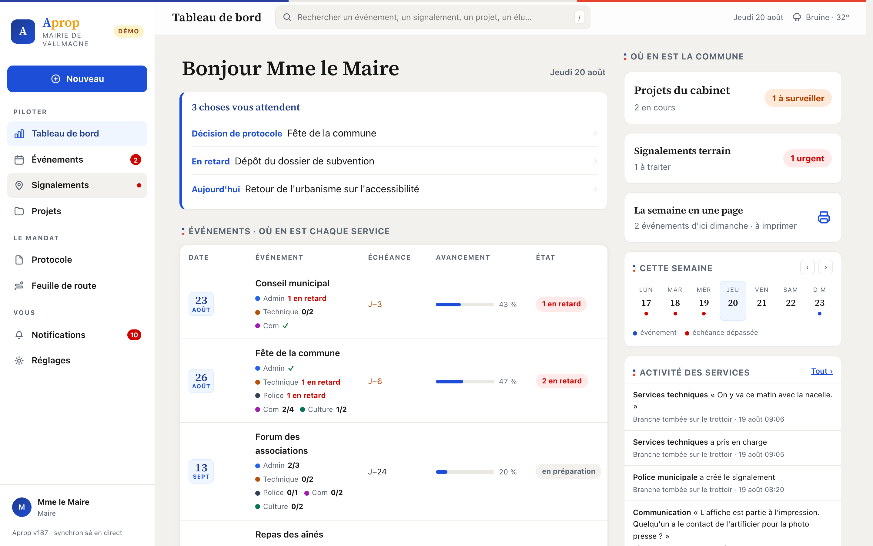 Le tableau de bord d'Aprop sur ordinateur : ce qui attend le maire, l'état de chaque service par événement, la semaine et l'activité des services.