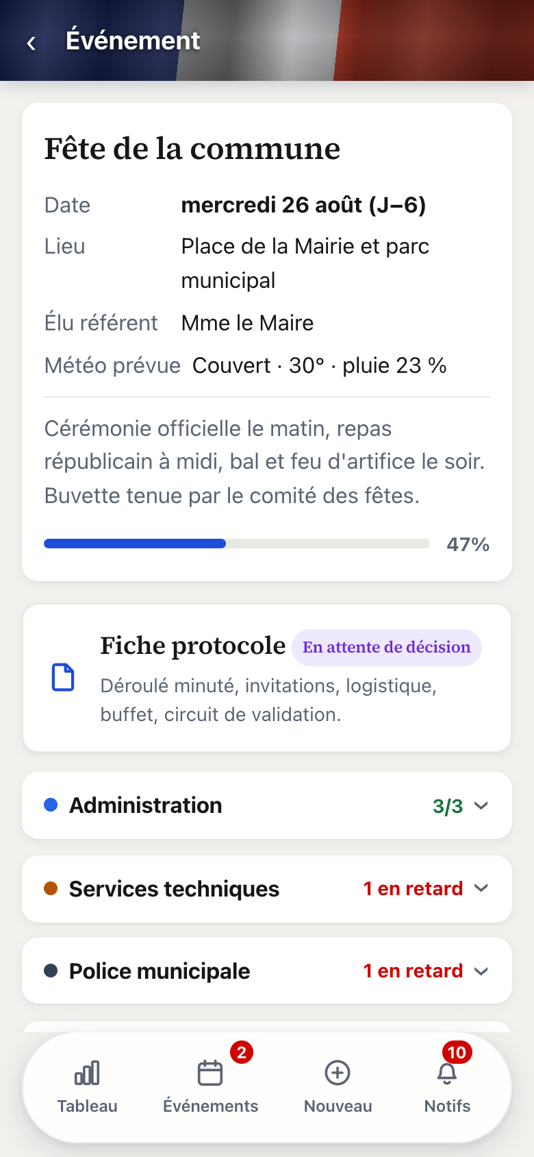 La même fête communale dans la poche : l'avancement de chaque service et la fiche protocole.